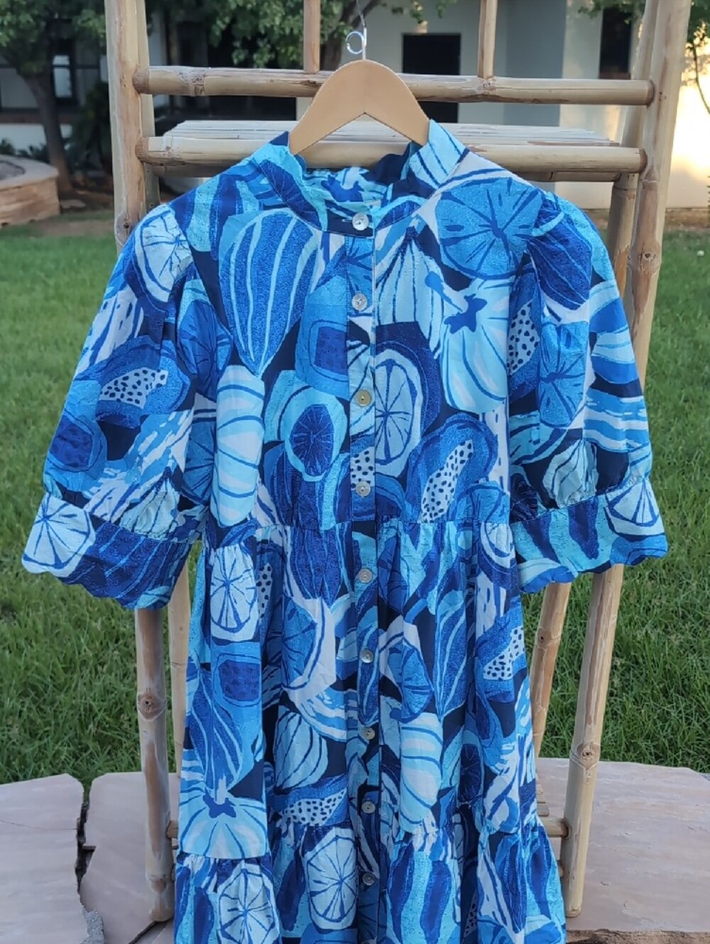 Farm Rio Blue Tropical-Print Button Midi Dress 100% Cotton - Picture 4 of 5